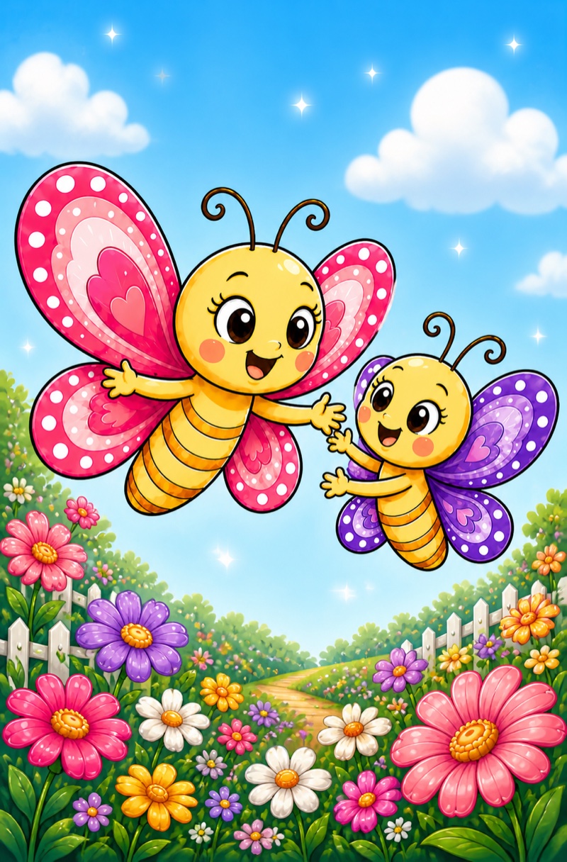 Momma Butterfly and Bella smiling together above a colorful garden
